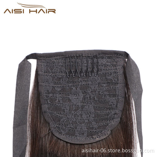 Aisi Hair 16 Inch Indian  Human Hair Ponytail Human Hair Extension Ribbon Straight Ponytail Extensions for Women